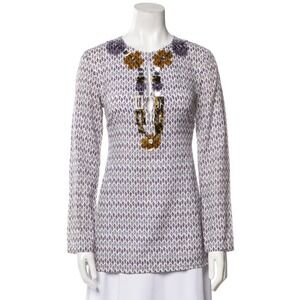 Tory Burch Sz 6 Printed Cotton And Silk V Neck Tunic Top Purple Beaded Neckline